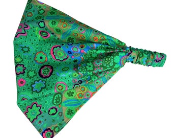 Green Boho Bandana Headband, Wide Head Scarf for Hair Loss, Wide Headband with Elastic Back, Bold Print, Bad Hair Day, Chefs Nurses Teachers