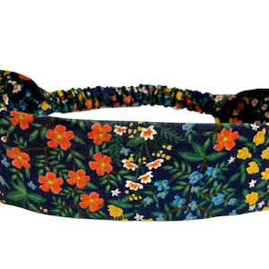 Navy Blue Narrow Cotton Hair Band, Rifle Paper Co Floral Print, Skinny Headband for Women and Teens, Hair Band with Elastic Back,