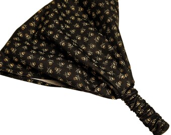 Black Ditzy Print Bandana Head Scarf, Calico Floral Print, Cottagecore Wide Headband for Women, Wide Head Scarf for Women with Hair Loss