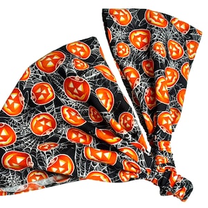 Jack-o-Lantern Halloween Wide Head Scarf, Pumpkins and Spider Webs, Bandana Headband for Halloween, Extra Wide for Hair Loss