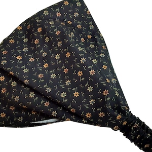 Black Ditzy Print Bandana Head Scarf, Calico Floral Print, Cottagecore Wide Headband for Women, Wide Head Scarf for Women with Hair Loss