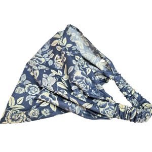 Wide Blue Headscarf, Boho Headband, Blue and Off White Floral, Rifle Paper Co, Cotton Head Scarf, Yoga, Workout, Hair Loss Headscarf