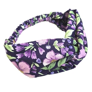 Floral Twist Headband for Women, Purple Lavender Flower Print, Knotted Headband, Twisted Turban Head Wrap, Preppy Hair Accessory, Front Knot