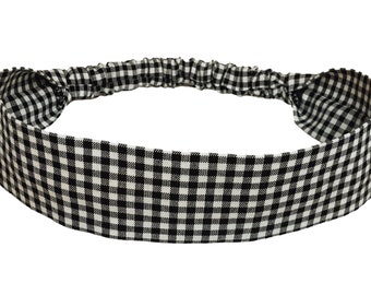 Black and White Check Headband for Women and Teens, Retro Skinny Hair Band, Preppy Headband, Made in Cotton Fabric with Elastic Back,