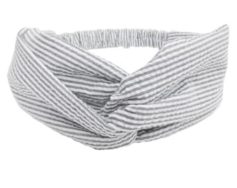 Seersucker Headband for Women, Twist Turban, Summer Twist Headband, Gray and White,  Yoga Workout, Knotted Hair Wrap, Vacation, Resort