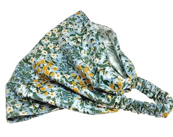 Wide Bandana Head Scarf with Elastic, Bandana Headband, Rifle Paper Co., Extra Wide for Hair Loss, Blue Floral Print, Headband for Women