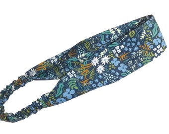 Rifle Paper Co. Narrow Headband for Women and Teens, Blue English Garden Meadow Print, Soft Cotton Hair Band with Elastic Back