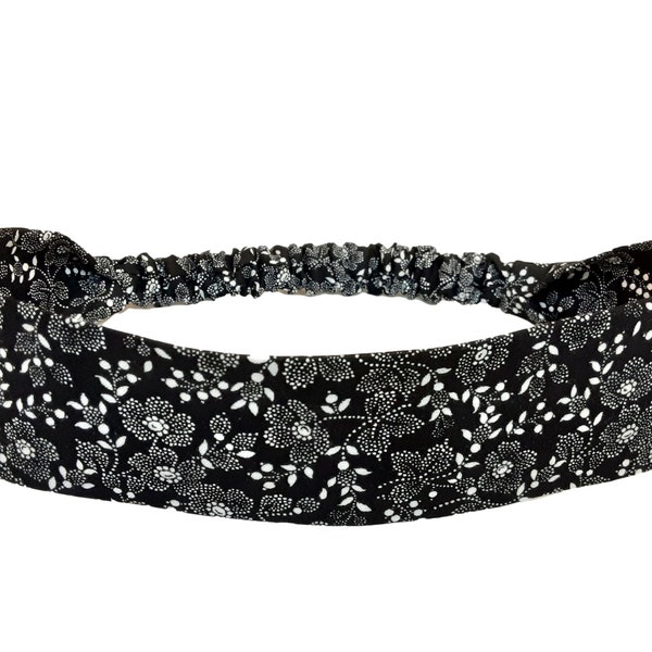 Black and White Narrow Headband for Women, Floral Print Hair Band, 2 Inch Wide Headband with Elastic Back, Retro Style Skinny Headband