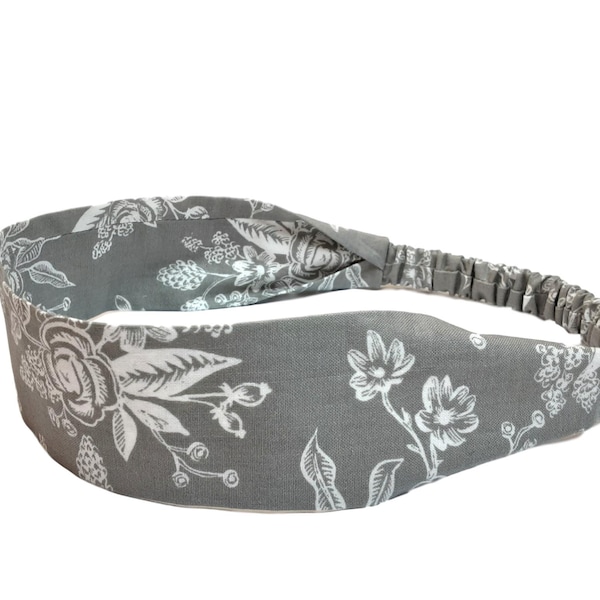Rifle Paper Co. Narrow Headband for Women and Teens, Gray and White Floral Print, Soft Cotton Hair Band with Elastic Back