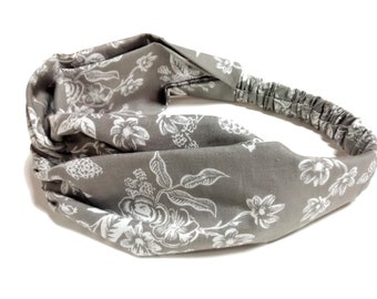 Gray Twist Headband, Knotted Head Wrap, Rifle Paper Co. Twisted Headband for Women, Front Knot Head Wrap,  Turban Headband with Twist