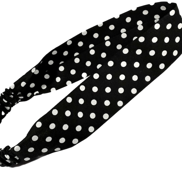 Retro Skinny Headband for Women and Teens, Black and White Polka Dots, Cotton Hair Band with Elastic Back