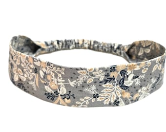 Gray Narrow Headband, Skinny Hair Band for Women and Girls, Hair Band with Elastic Back, Gray and White Floral, Delicate Print