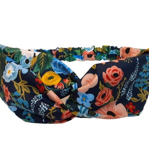 Twisted Headband, Rifle Paper Co Wildwood Garden Party, Navy Floral Print, Knotted Turban Head Wrap, Twisted Turban Headband