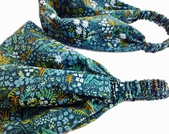 Extra Wide Bandana, Boho Headband, Rifle Paper Co English Garden Blue Floral Fabric Headband, Cotton Head Scarf, Yoga Workout, Hair Loss