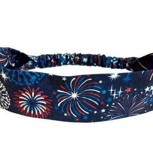 Fourth of July Headband for Women and Teens, Navy Blue with Fireworks, Summer Headband, Narrow Hair Band with Elastic Back