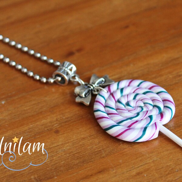 Collier lollipop violet, turquoise, blanc et lilas, collier sucrerie, chaîne à boules, pendentif suçon, RÉALISÉ SUR COMMANDE