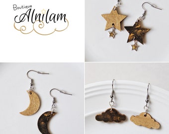 Wooden earrings, gold star earrings, gold cloud earrings, gold moons earrings, wood jewelry