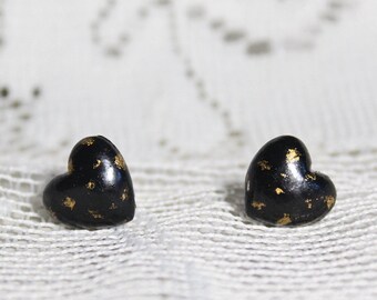 Heart-shaped stud, black and gold earrings, fimo studs, black and gold heart, minimalist earrings, fimo earrings, black and gold jewelry