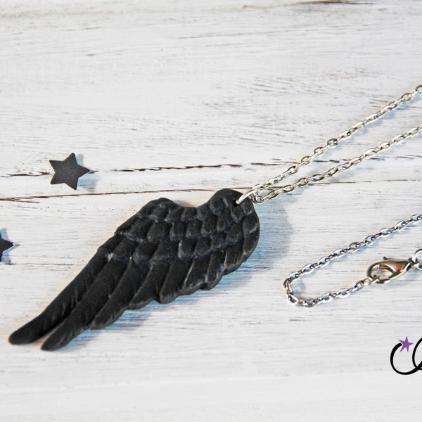 black wing collar, silver chain, black fimo wing, polymer clay feathers, raven feathers, crow, black eagle, REAL ON COMMANDE