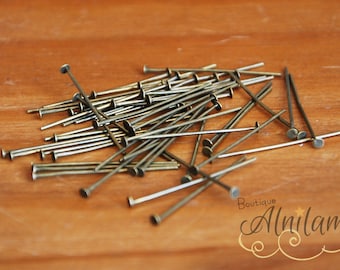 100 rods to head 30mm, 100 bronze headpins, 100 headpins 30mm, jewellery, flat nail plate.