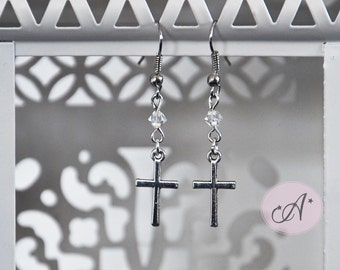 Transparent Swarovski hook earrings, dangle earrings, charm cross, Pearl Earrings in the shape of cross, Easter