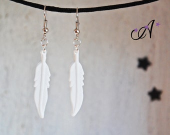 Earrings dangle polymer clay fimo white feathers