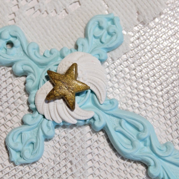 Decorative cross, cross to hang on the wall, cross with small white wings, MADE TO ORDER