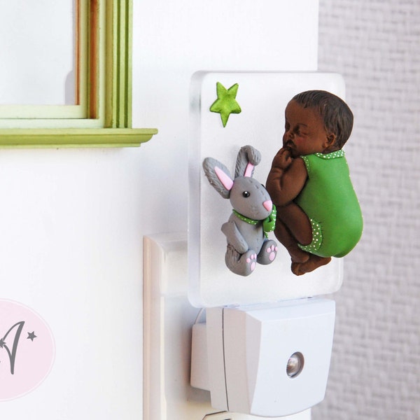 Night light baby Fimo, Black baby, gray bunny, baby green cover layer, rabbit cuddy toy, stuffed rabbit, green star, baby room decoration