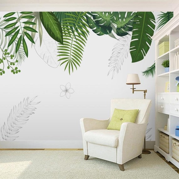 Large Tropical Green Palm Leaf Wallpaper Living Room Sofa Wall Etsy