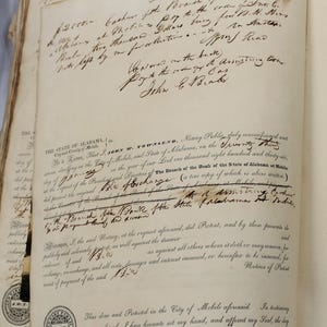 Bank of Mobile 1835 Bankgrootboek met promessen met notariële afschriften. EN door een kind in Victoriaanse uitsnijdingen geplakt