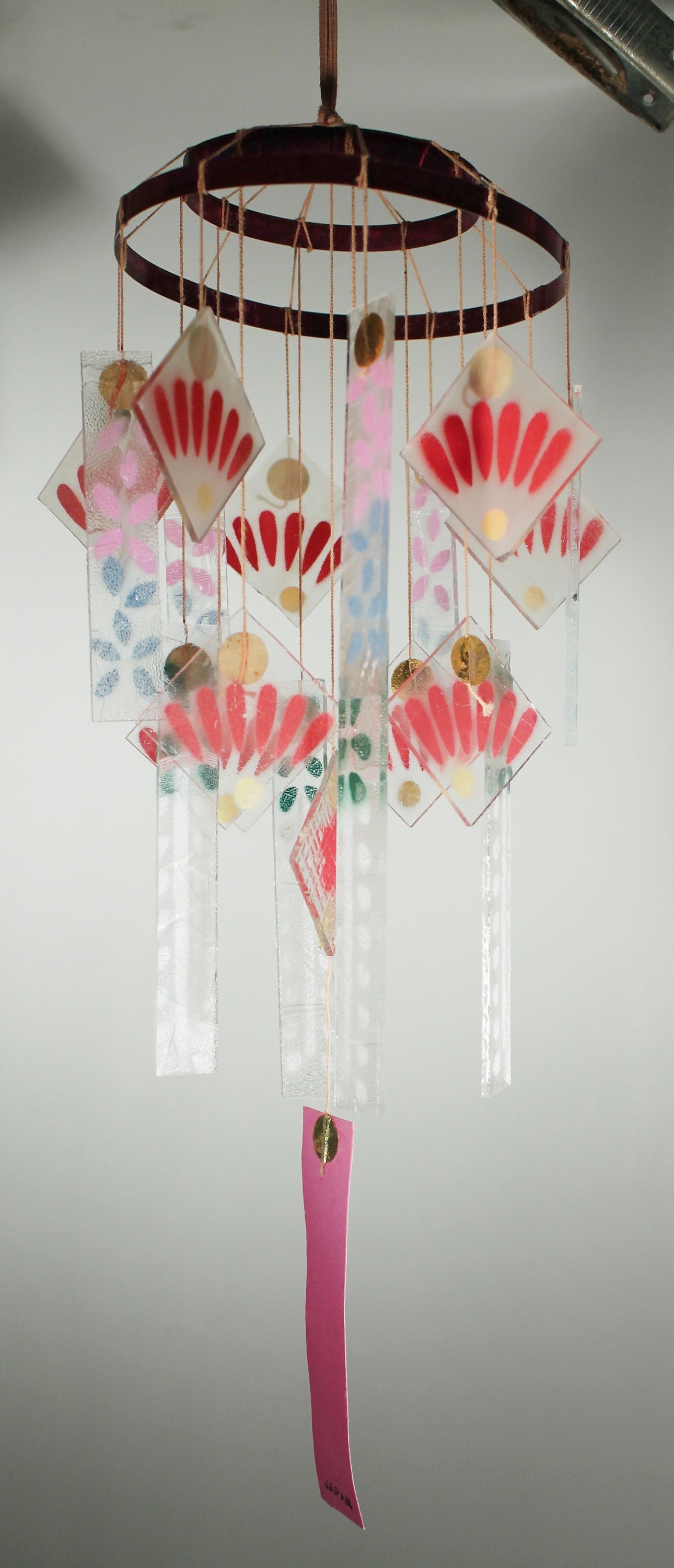 Vintage 1950's Japan Glass Wind Chimes 19 hangers of hand painted glass
