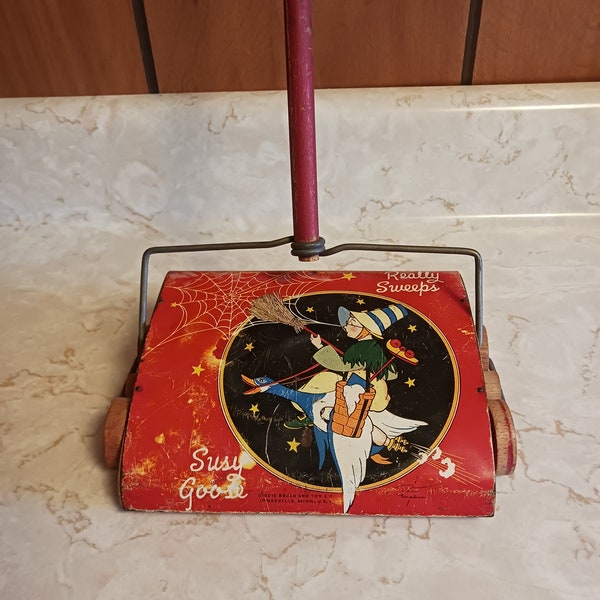 Vintage 1940's Susy Goose Tin Toy Sweeper, Kiddie Brush & Toy Co., Works!