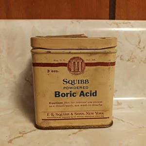 Vintage 1920's, 30's Squibb Powdered Boric Acid Tin 3 oz. with Partial Contents