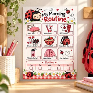 May include: A white rectangular chart titled My Morning Routine featuring ladybug illustrations and nine task boxes including Make Bed, Brush Teeth, Get Dressed, Shoes & Socks, Eat Breakfast, Grab Book Bag, Fill Water Bottle, and Grab Jacket.