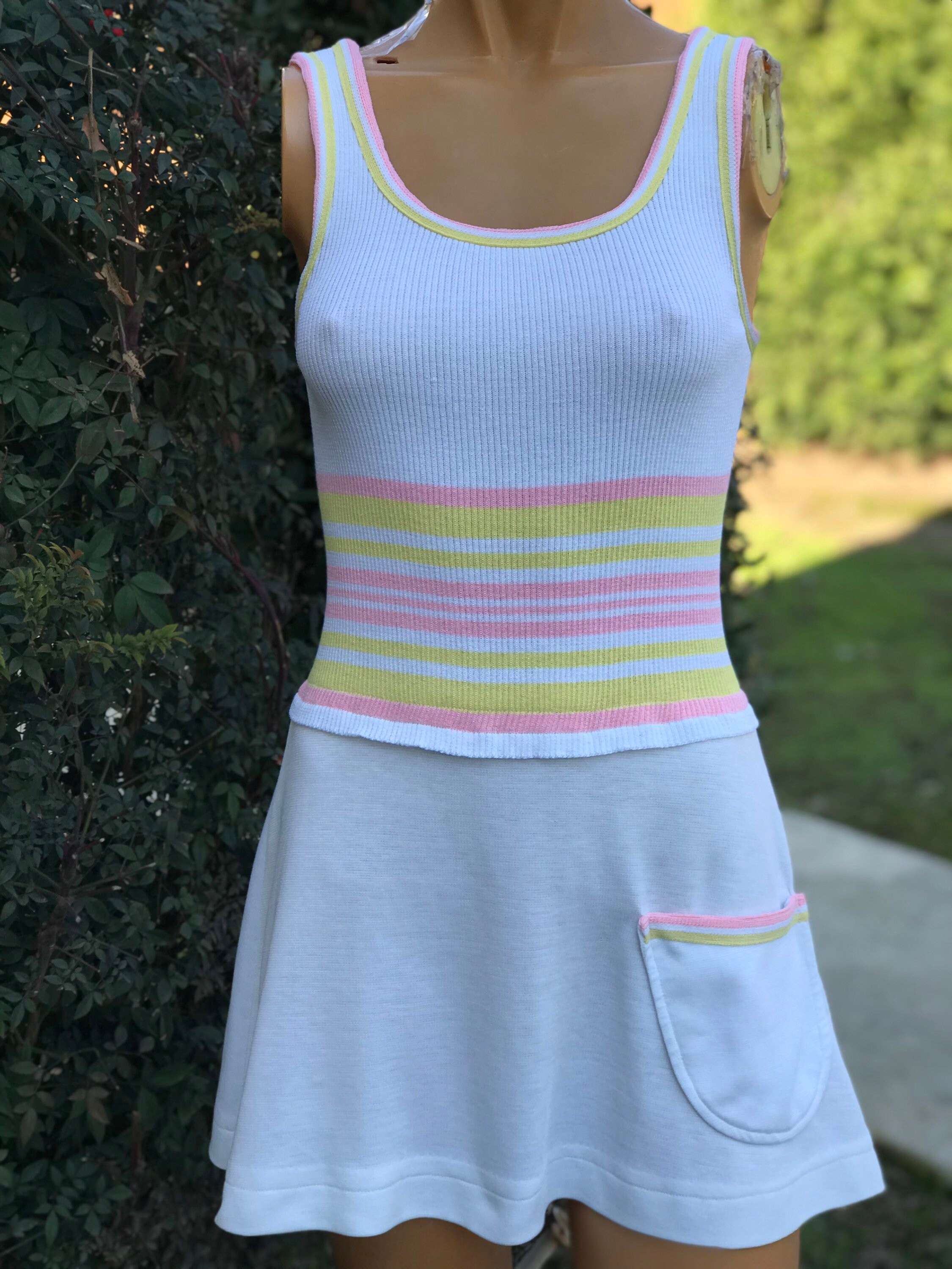 Vintage 1970s Tennis Lady White Polyester Tennis Dress W Pink & Yellow  Stripe Waist Bust 32 - Etsy