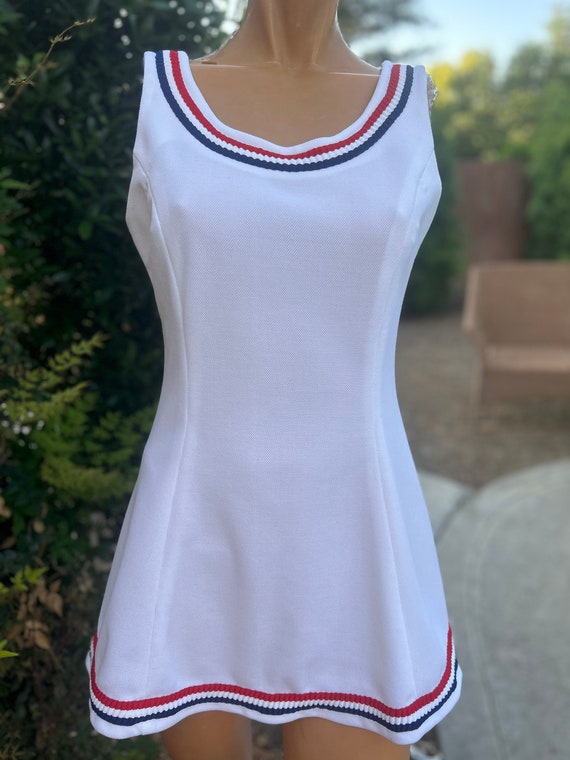 Vintage 1970s White Polyester Tennis Dress w Red, White, & Blue Strip Trim Bust 34" Vintage 1970s White Polyester Tennis Dress w Red, White, & Blue Strip Trim Bust 34"
