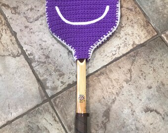 Vintage 1970s Lavender Knit Happy Smiley Face Tennis Racquet Cover