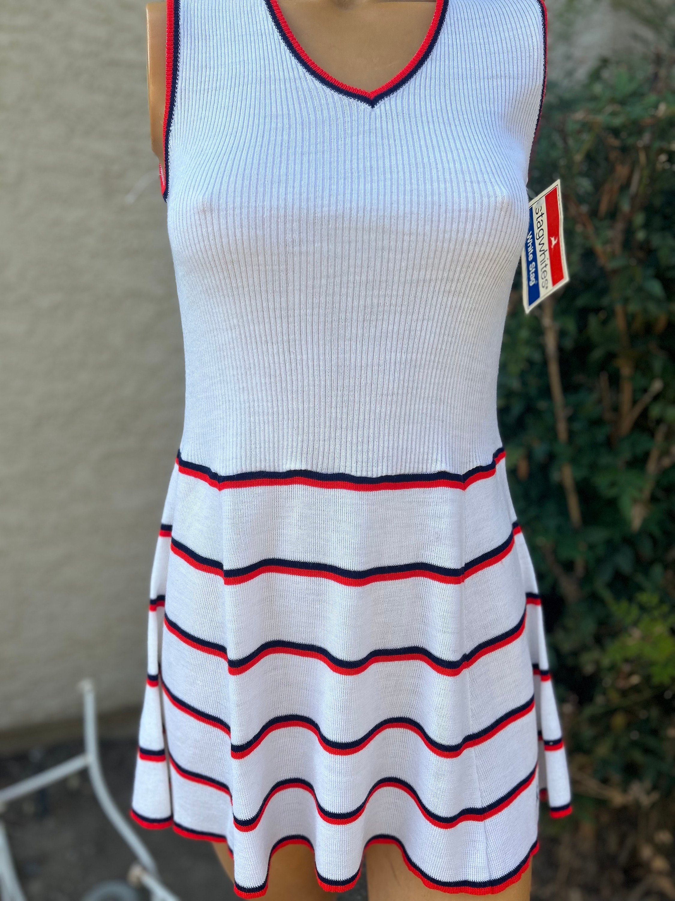 Vintage 1970s White Stag New Old Stock W Hangtags Knit Tennis Dress W Navy Blue & Red Trim Size 12" Bust 32"-34"