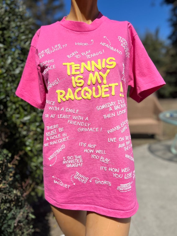 Vintage Pink Tennis Shirt w Tennis Sayings Size Mediu… Gem