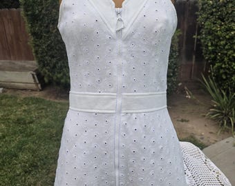 Vintage 1970s Head Brand White Eyelet Polyester Fabric Tennis Dress Bust 34”