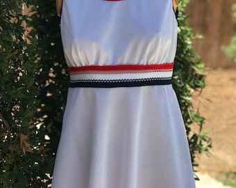 Vintage 1970s Polyester Tennis Dress Red White & Blue Bust 34”