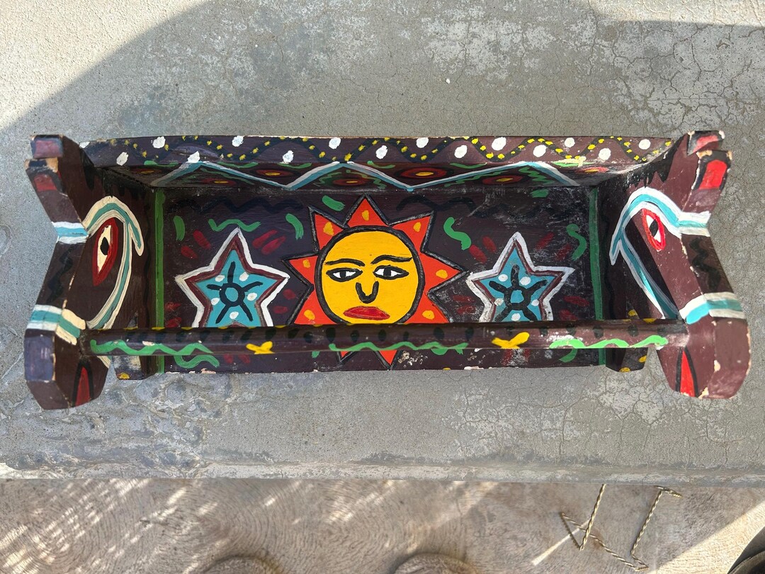 Vintage Primitive Hand Painted Folk Art Wood Shelf Sun Horse Heads and ...