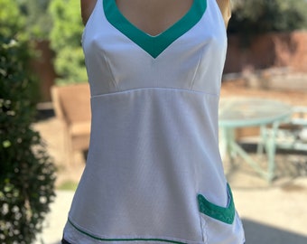 Vintage 1970s  Polyester Halter Tennis Dress w Green Stripe Trim Bust 32” Made by Tennis Lady