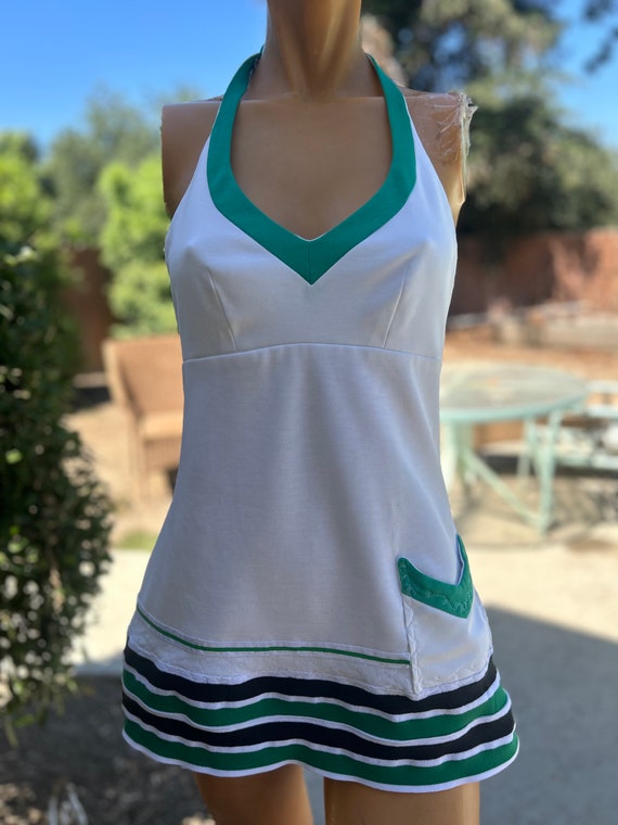 Vintage 1970s Polyester Halter Tennis Dress W Green Stripe Trim