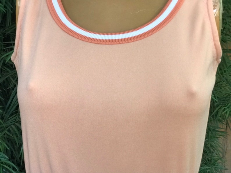 Vintage 1970s Peach Polyester Tennis Dress w Striped Waistband and Trim Made by Loomtogs
