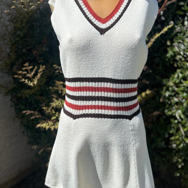 Vintage 1970s Hampton Court Knits Tennis Dress w Brick Red and Navy Blue Stripe Waist & Neckline Bust 36”