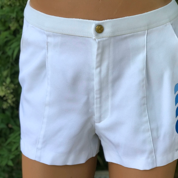 Vintage Mans White Polyester Tennis Shorts.Made by Puma Blue Circle Design on Leg Size 32”