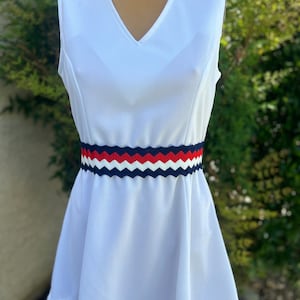 Vintage 1970s White Polyester Tennis Dress w Matching Panties Red White &  Blue Rick Rack Waist Bust 36