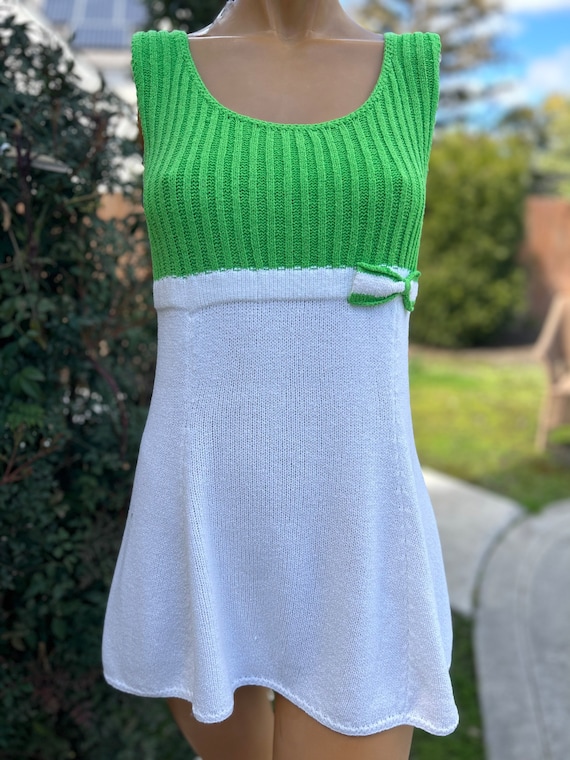 Vintage 1970s Knit Tennis Dress Made by Hampton Court Knits Bright Green Bodice Bust 32"-34" Dress #1