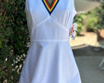 Vintage 1970s Chris Evert New Old Stock w Hangtags Polyester Tennis Dress w Stripe Trim Size 14 Bust 36”